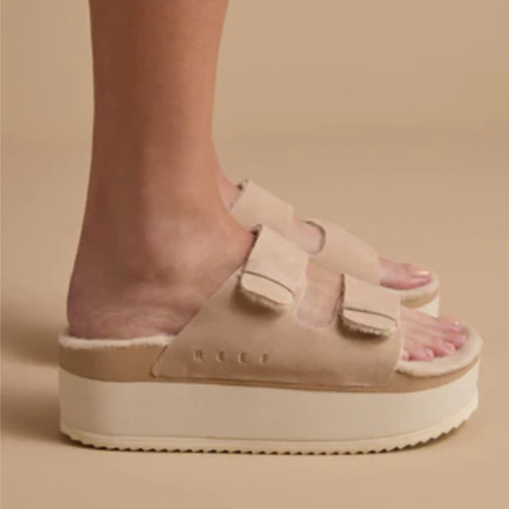 REEF Ojai Ciara Platform Two-Strap Sandals w/ Faux Shearling Sz.9/40 NEW - Picture 1 of 9